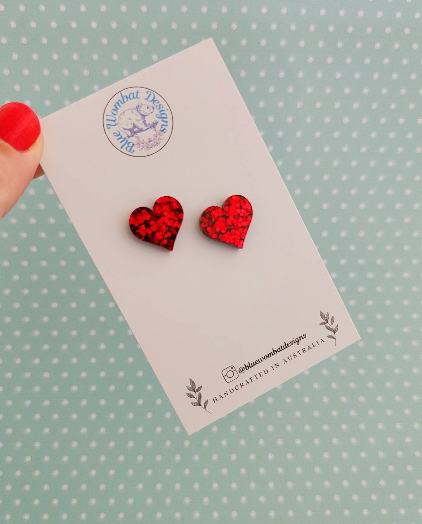 Red Glitter Love Heart Resin Stud Earrings