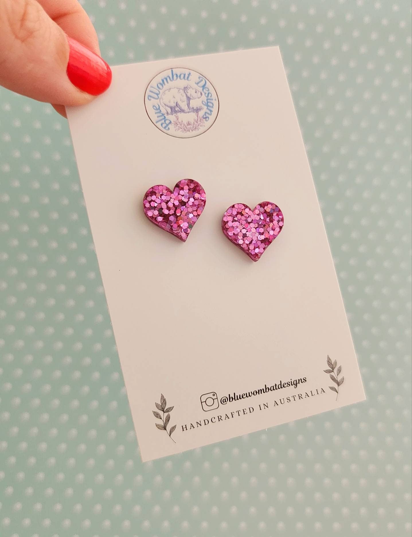 Pink Glitter Love Heart Stud Earrings 14mm