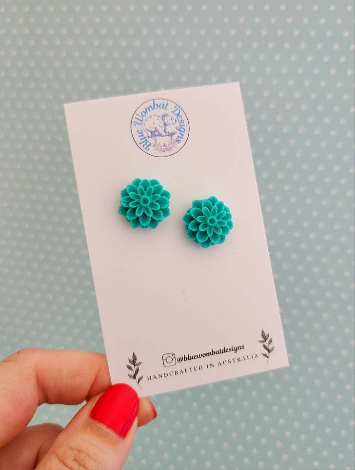 Teal Dahlia Flower Resin Studs 16mm