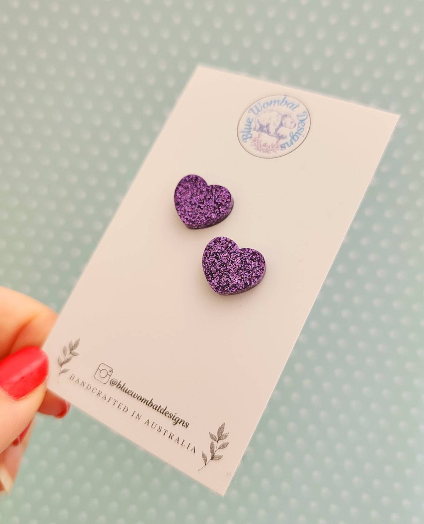 Purple Glitter Love Heart Resin Small Stud Earrings