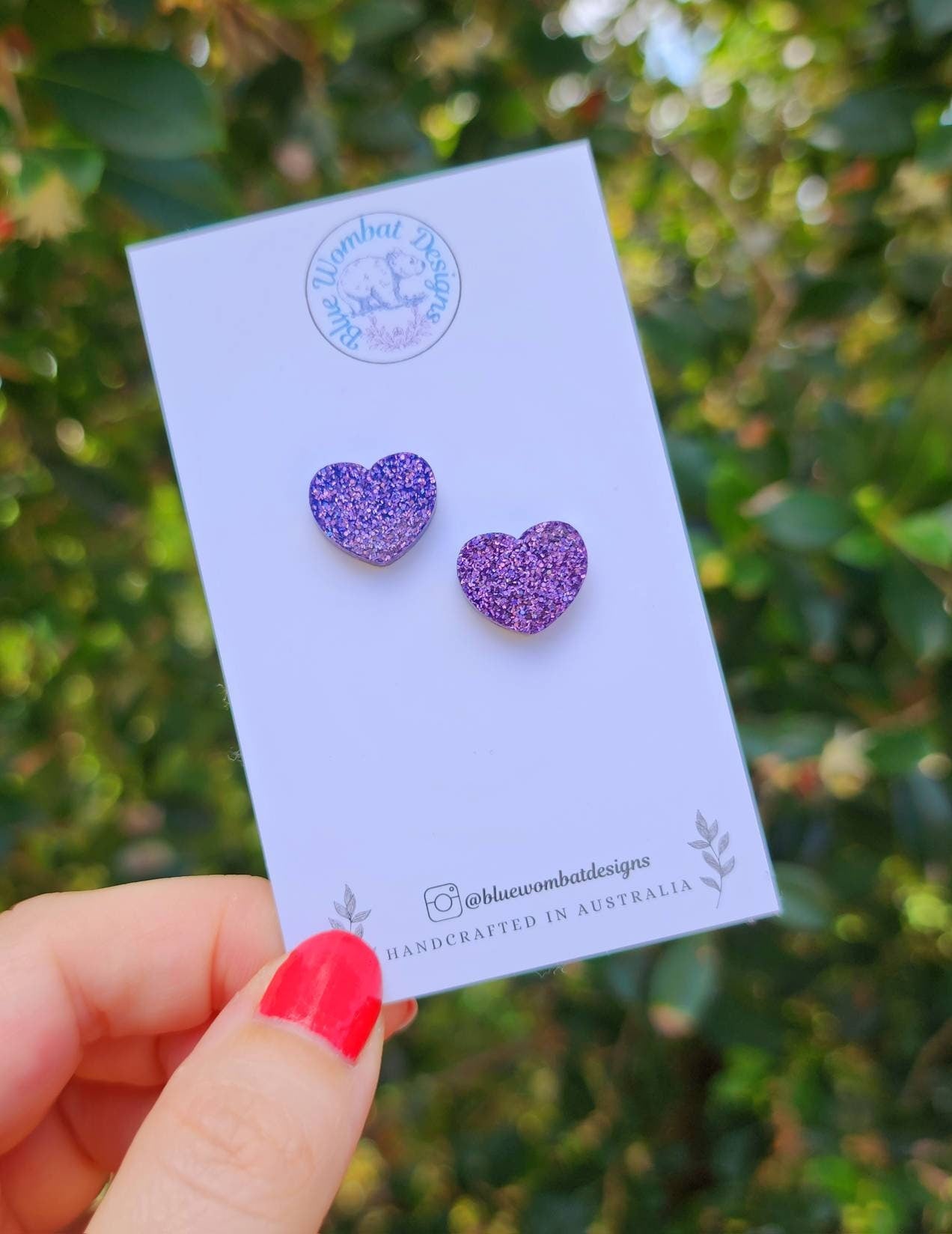 Purple Glitter Love Heart Resin Small Stud Earrings