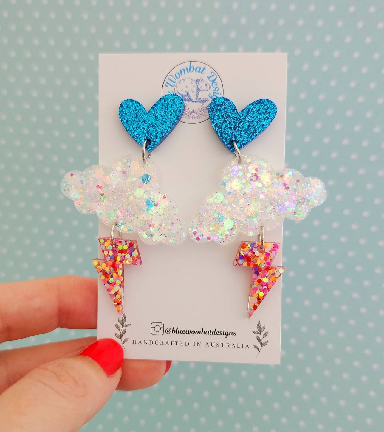 Cloud Lightning Love Heart Resin Glitter Statement Dangle Earrings