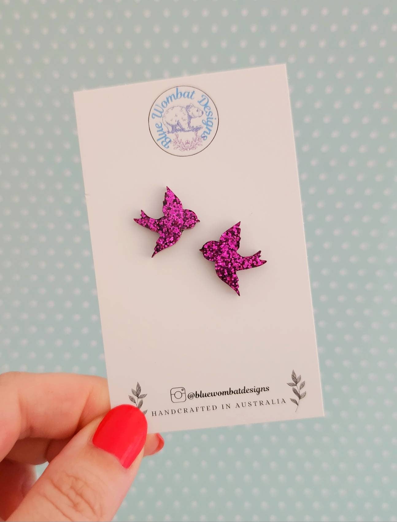 Pink Glitter Resin Bird Stud Earrings