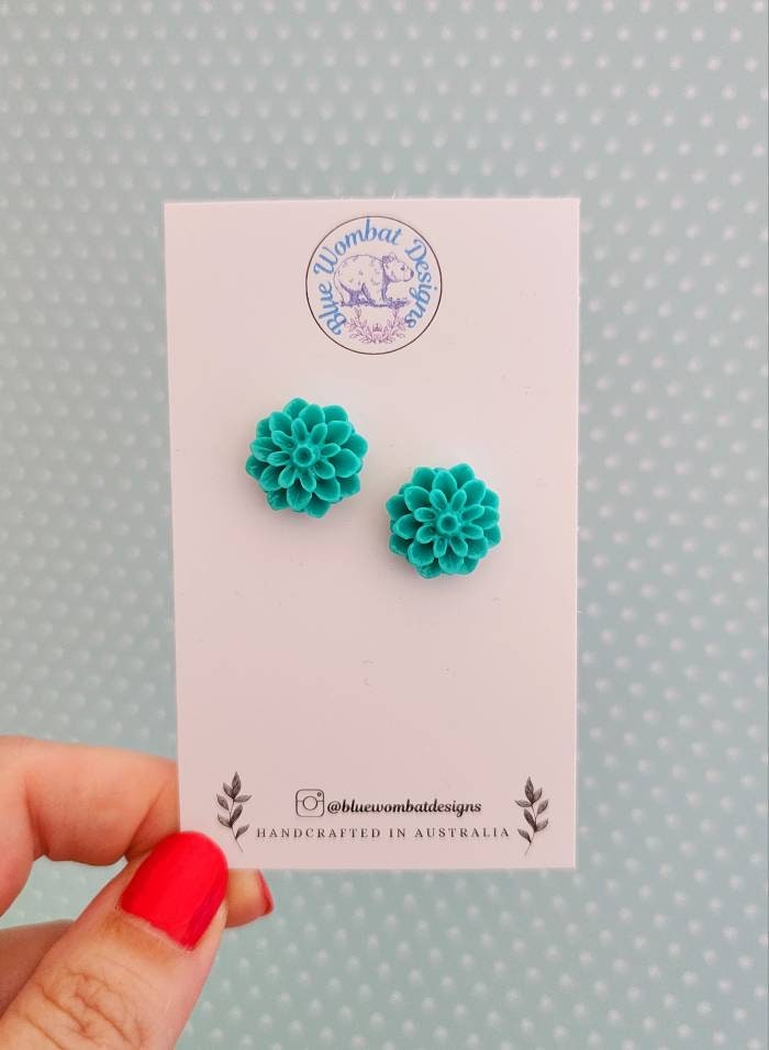 Teal Dahlia Flower Resin Studs 16mm