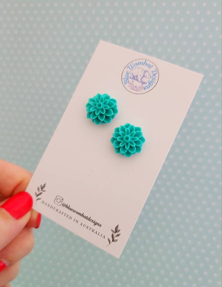 Teal Dahlia Flower Resin Studs 16mm