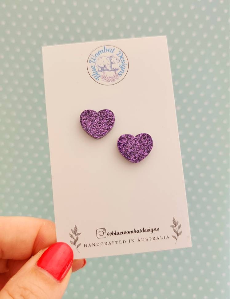 Purple Glitter Love Heart Resin Small Stud Earrings