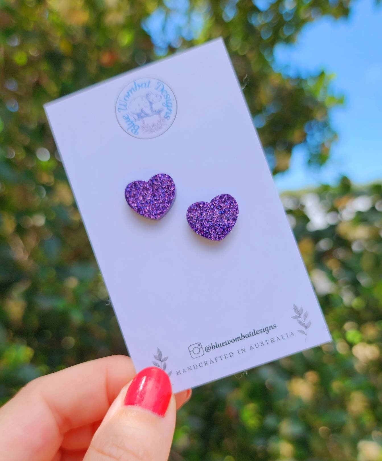 Purple Glitter Love Heart Resin Small Stud Earrings