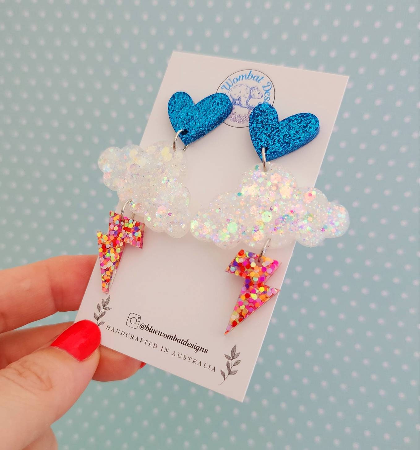 Cloud Lightning Love Heart Resin Glitter Statement Dangle Earrings