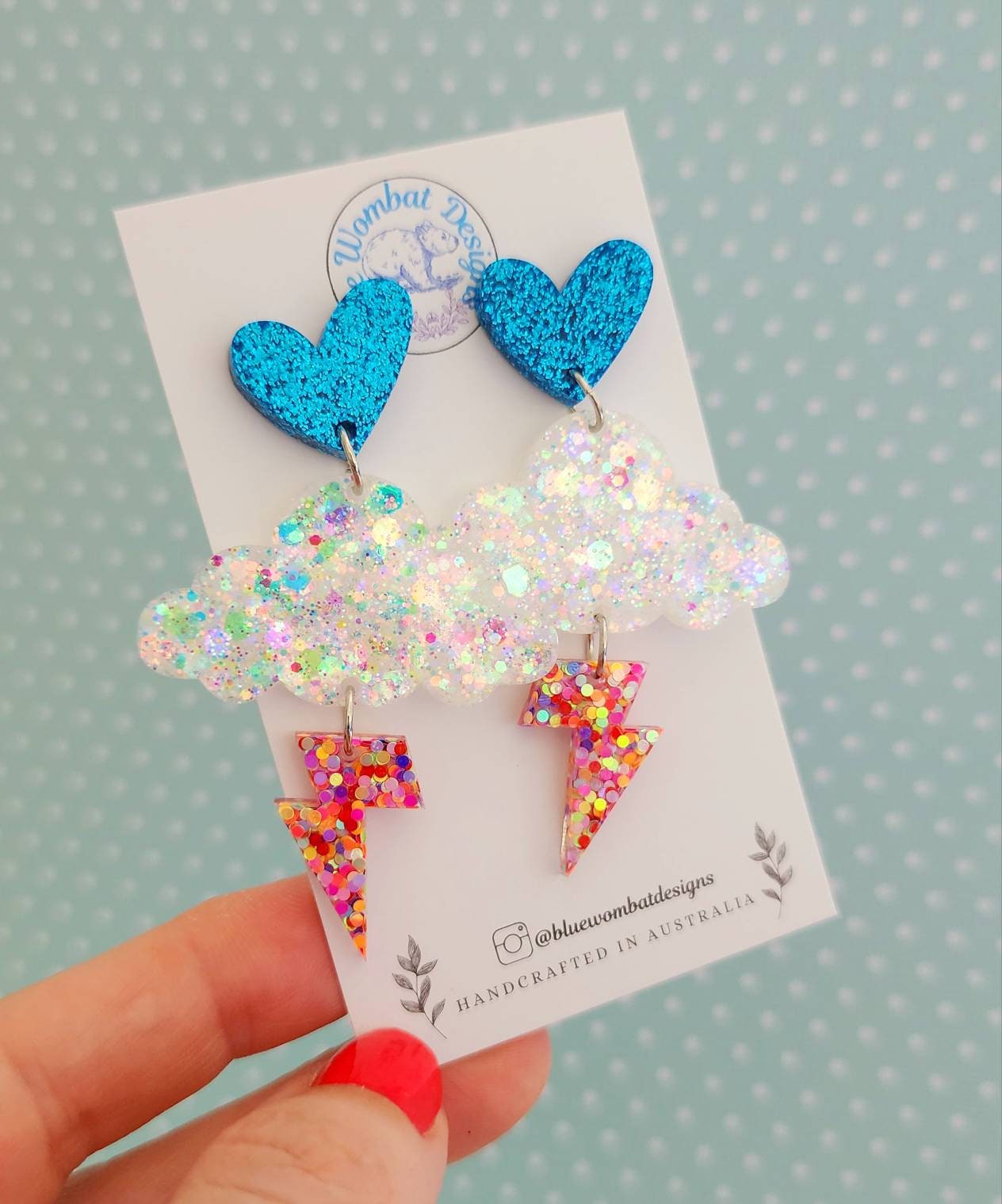 Cloud Lightning Love Heart Resin Glitter Statement Dangle Earrings