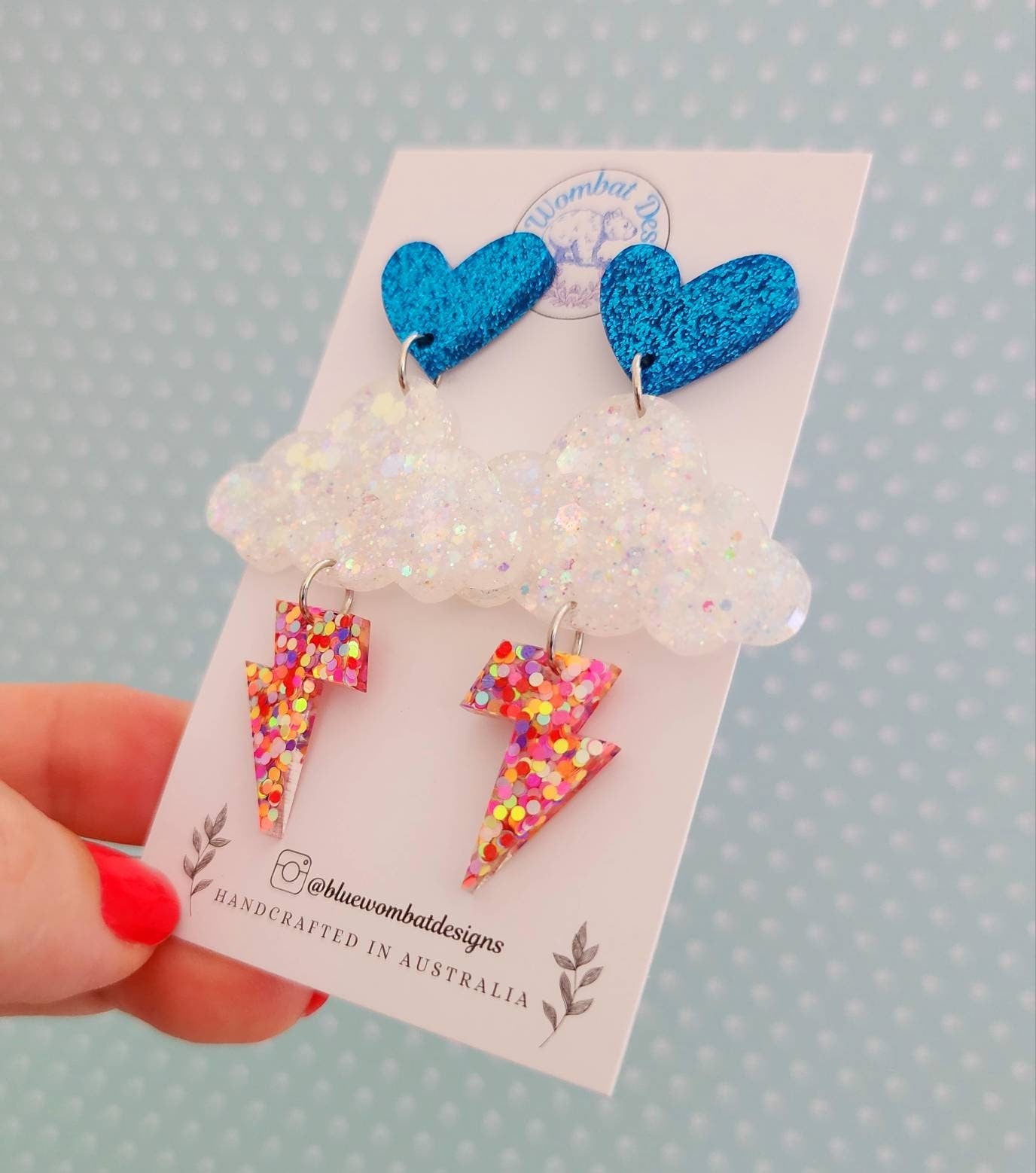 Cloud Lightning Love Heart Resin Glitter Statement Dangle Earrings