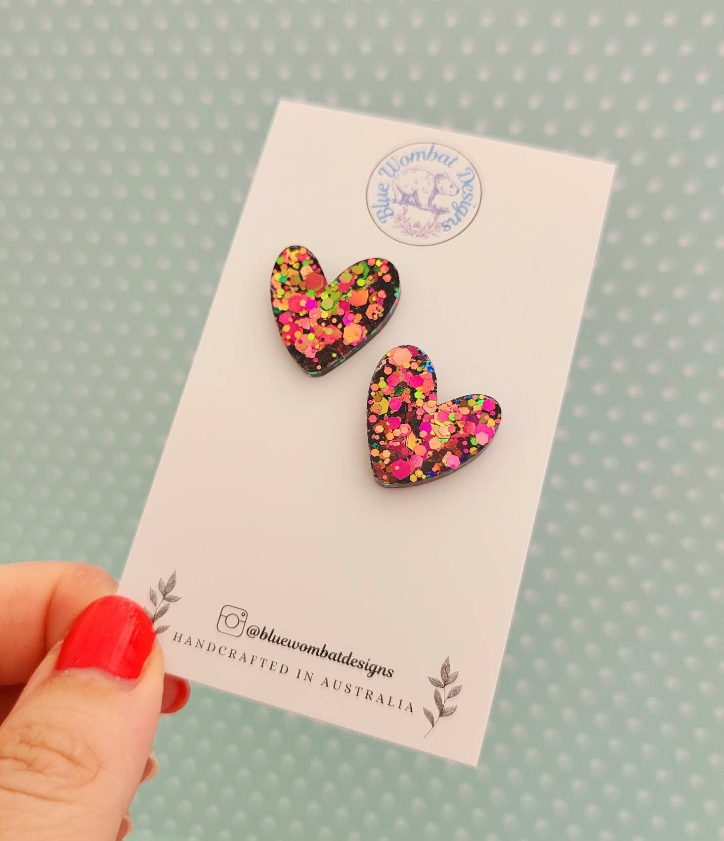 Chameleon Glitter Love Heart Resin Stud Earrings 20mm