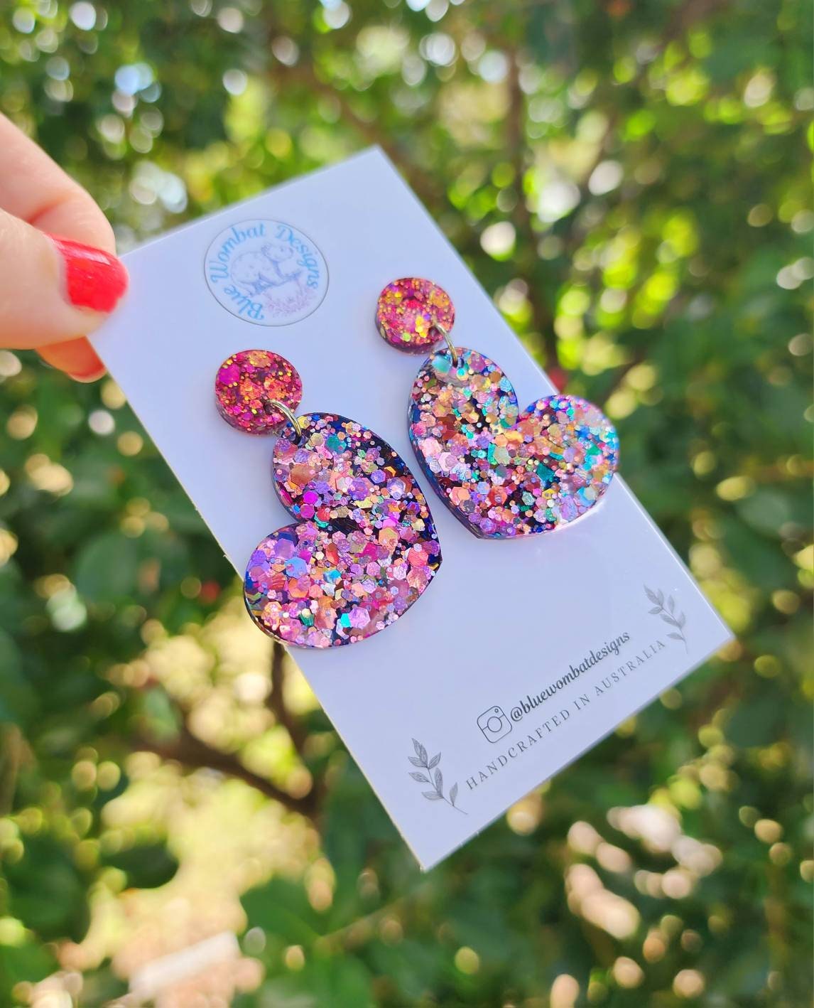 Chameleon Glitter Love Heart Resin Dangle Statement Earrings