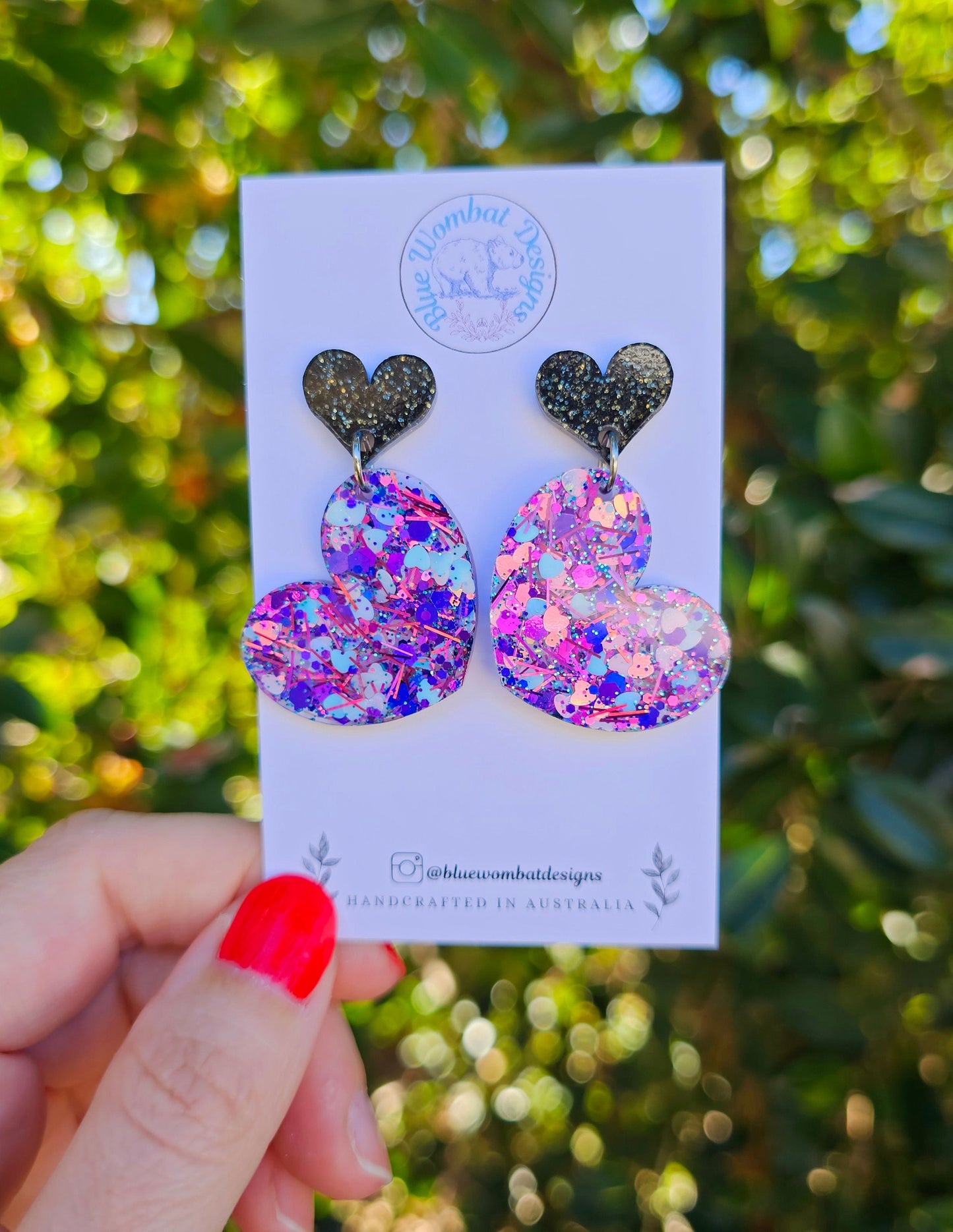 Resin Glitter Love Heart Handmade Dangle Statement Earrings