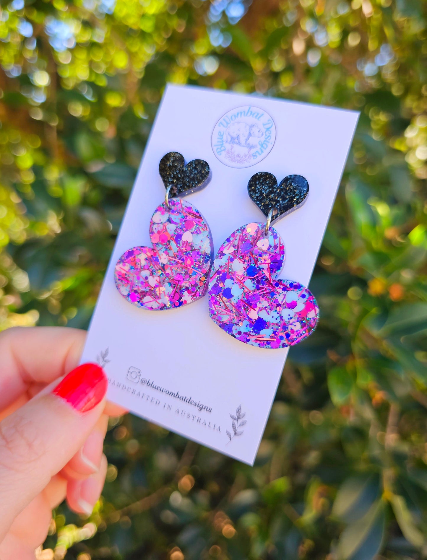 Resin Glitter Love Heart Handmade Dangle Statement Earrings