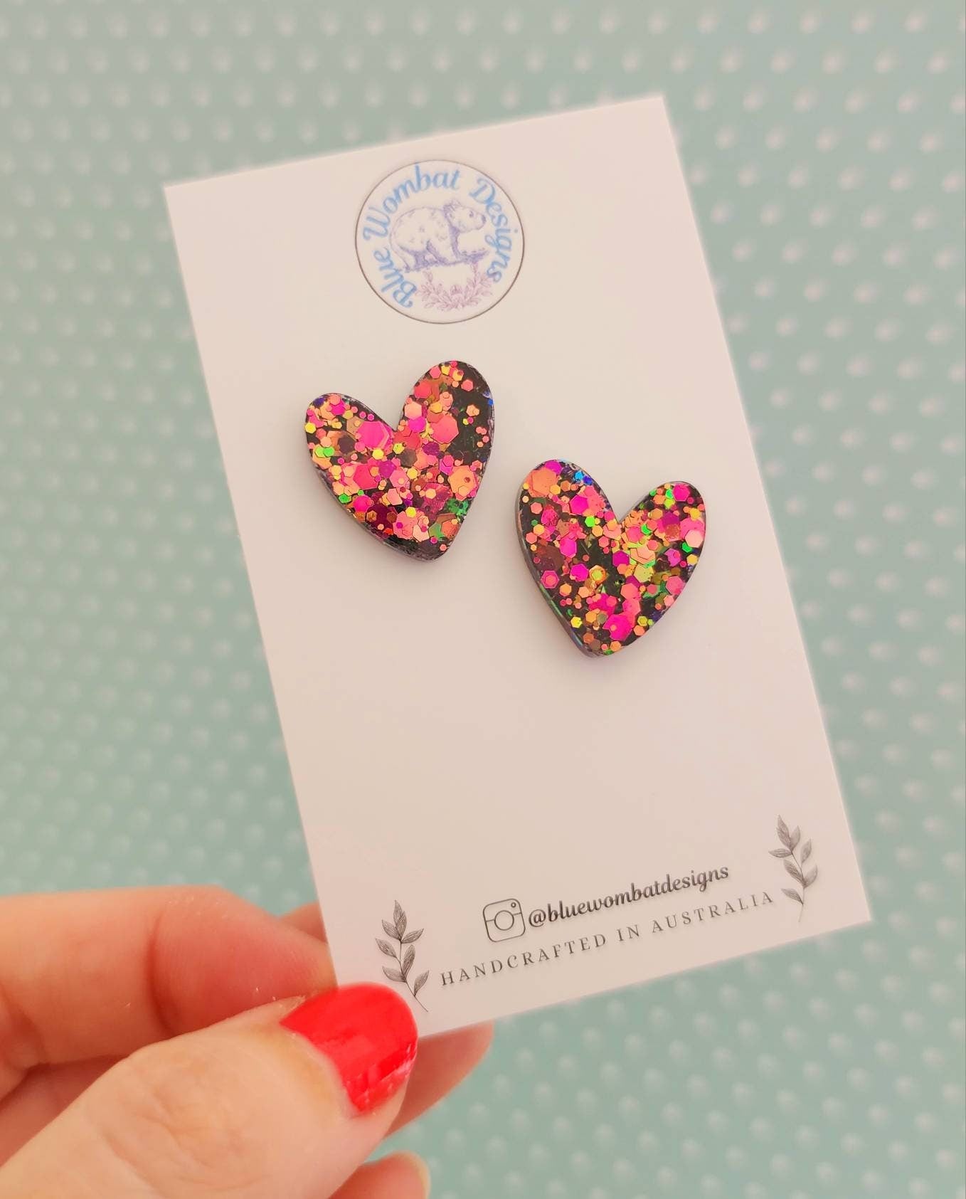 Chameleon Glitter Love Heart Resin Stud Earrings 20mm