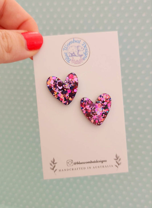 Chameleon Glitter Love Heart Stud Earrings 20mm