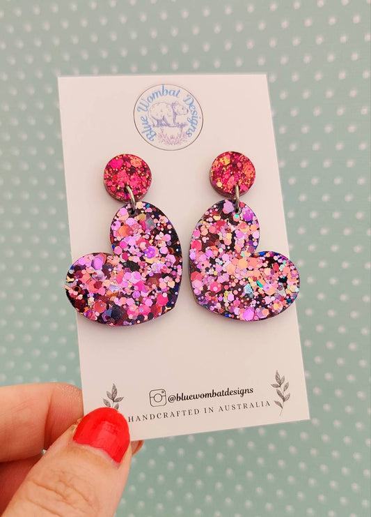 Chameleon Glitter Love Heart Resin Dangle Statement Earrings