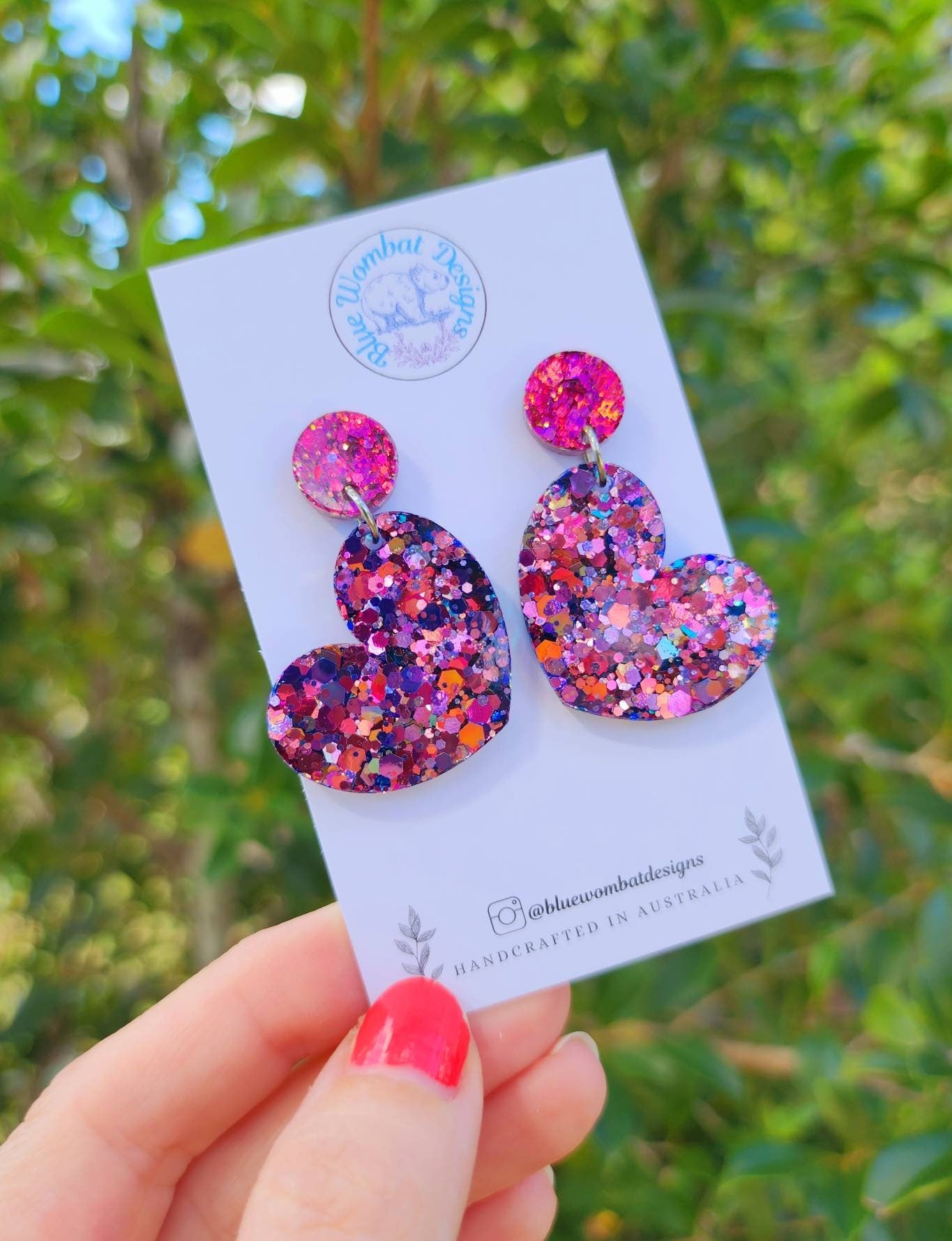 Chameleon Glitter Love Heart Resin Dangle Statement Earrings