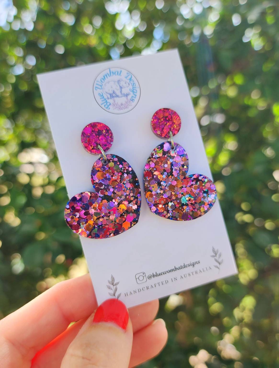 Chameleon Glitter Love Heart Resin Dangle Statement Earrings