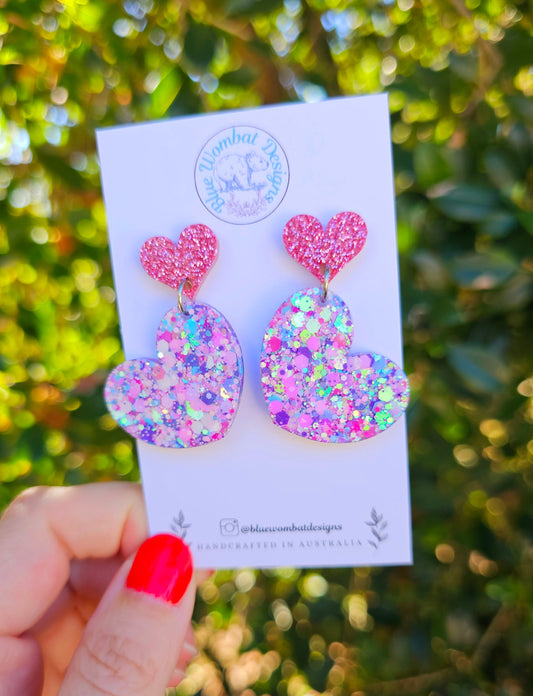 Love Heart Glitter Resin Handmade Dangle Statement Earrings