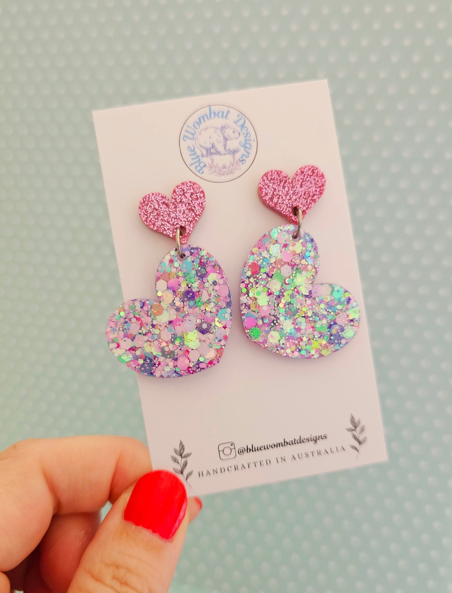 Love Heart Glitter Resin Handmade Dangle Statement Earrings