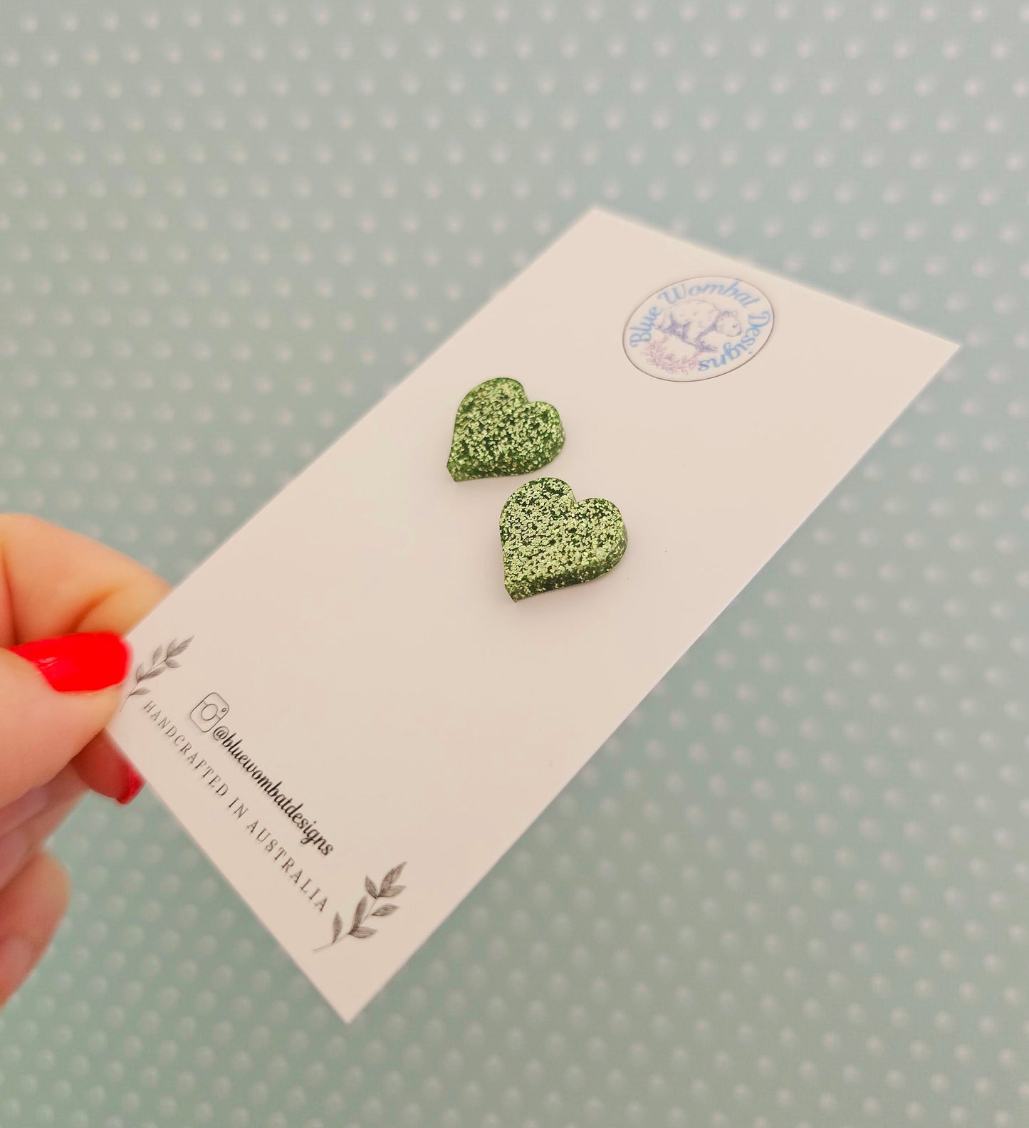 Green Glitter Love Heart Resin Stud Earrings, Handmade Green Gitter Heart Studs