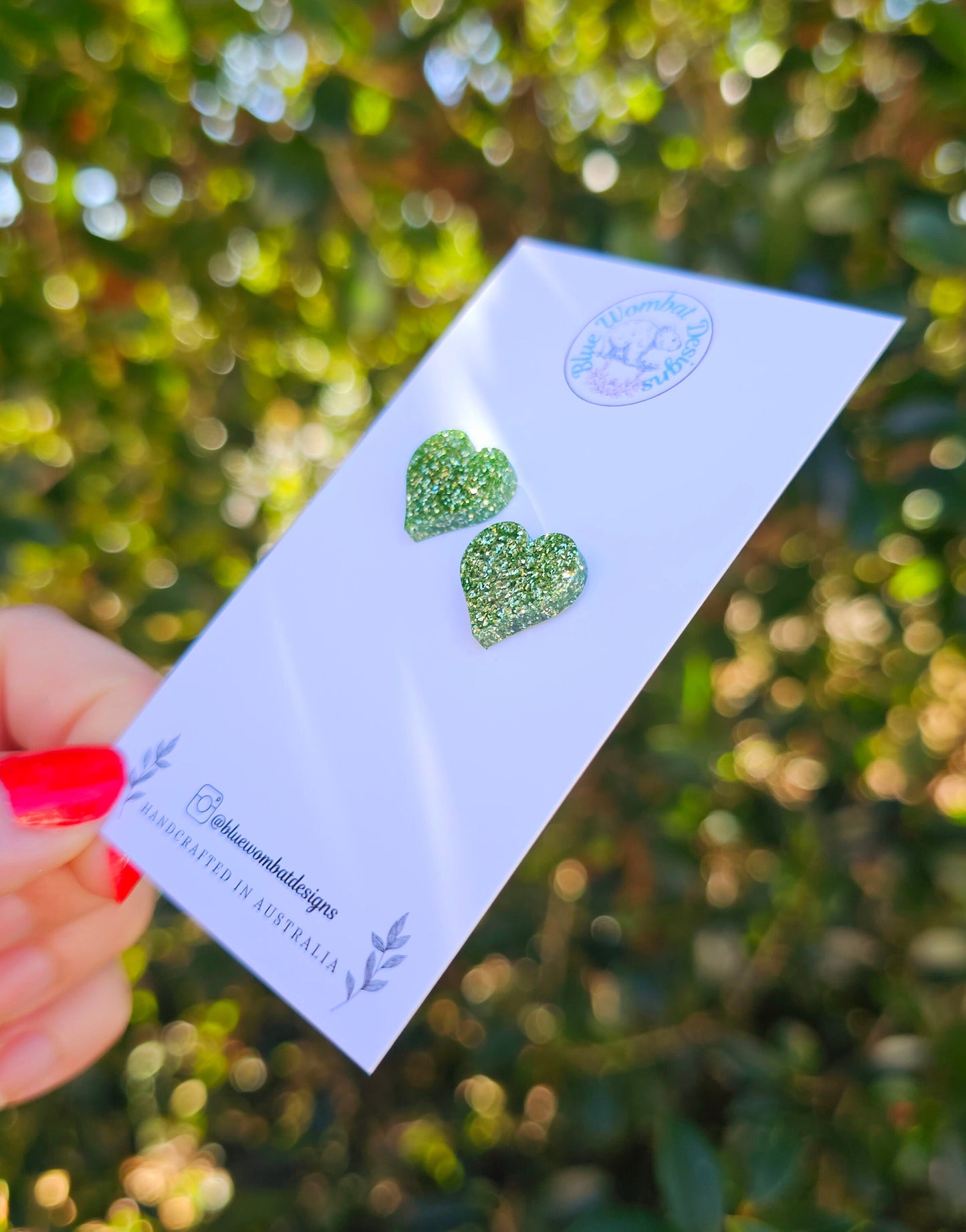 Green Glitter Love Heart Resin Stud Earrings, Handmade Green Gitter Heart Studs