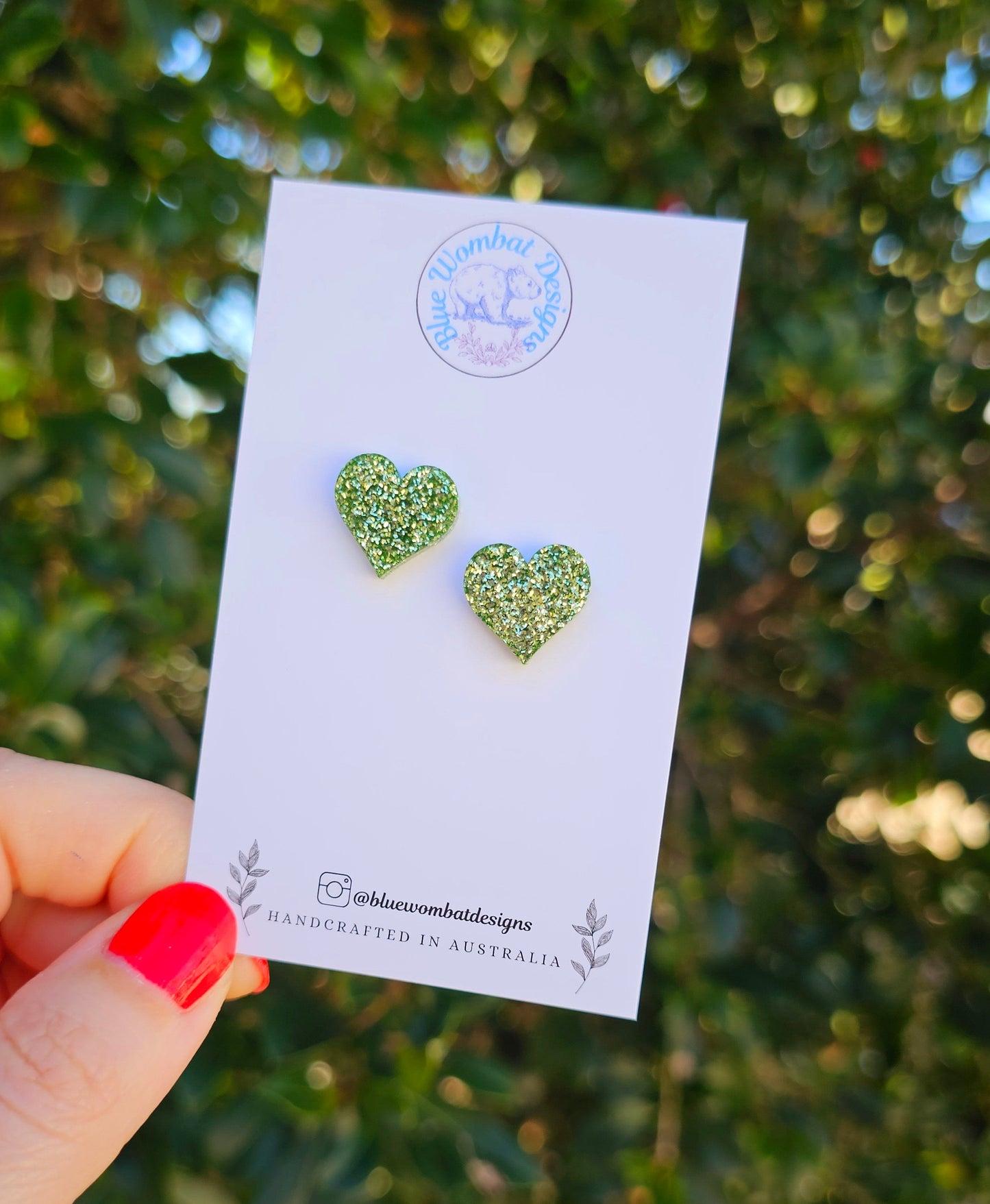 Green Glitter Love Heart Resin Stud Earrings, Handmade Green Gitter Heart Studs