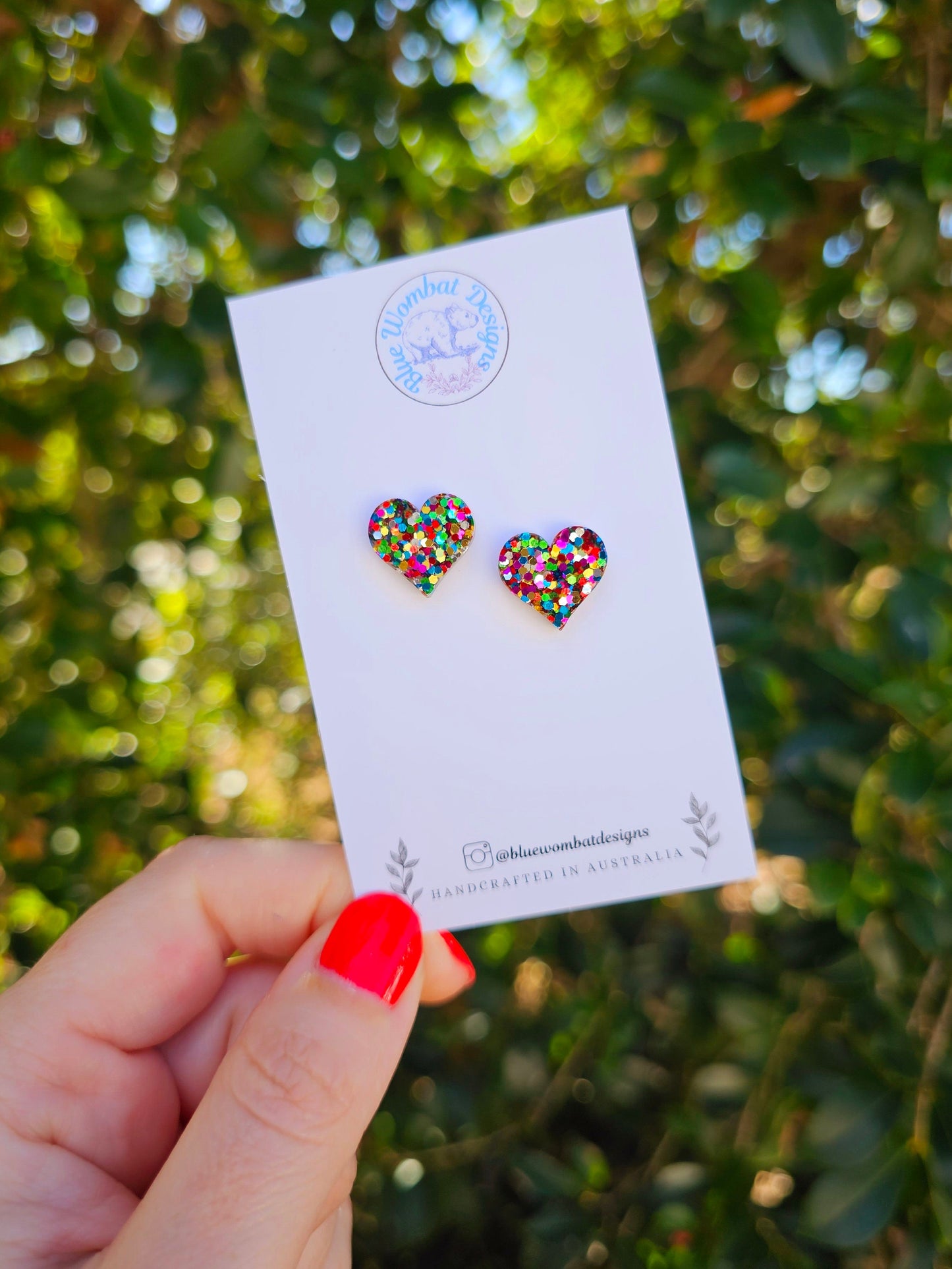 Rainbow Glitter Love Heart Stud Earrings 14mm