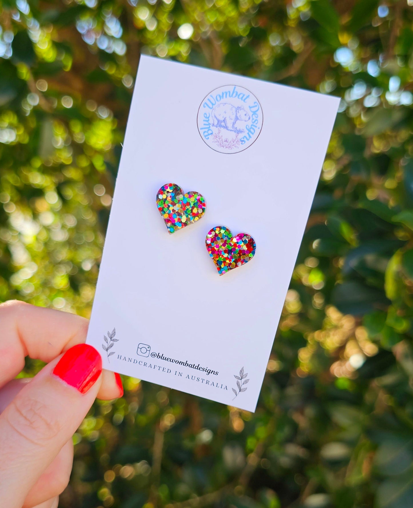 Rainbow Glitter Love Heart Stud Earrings 14mm