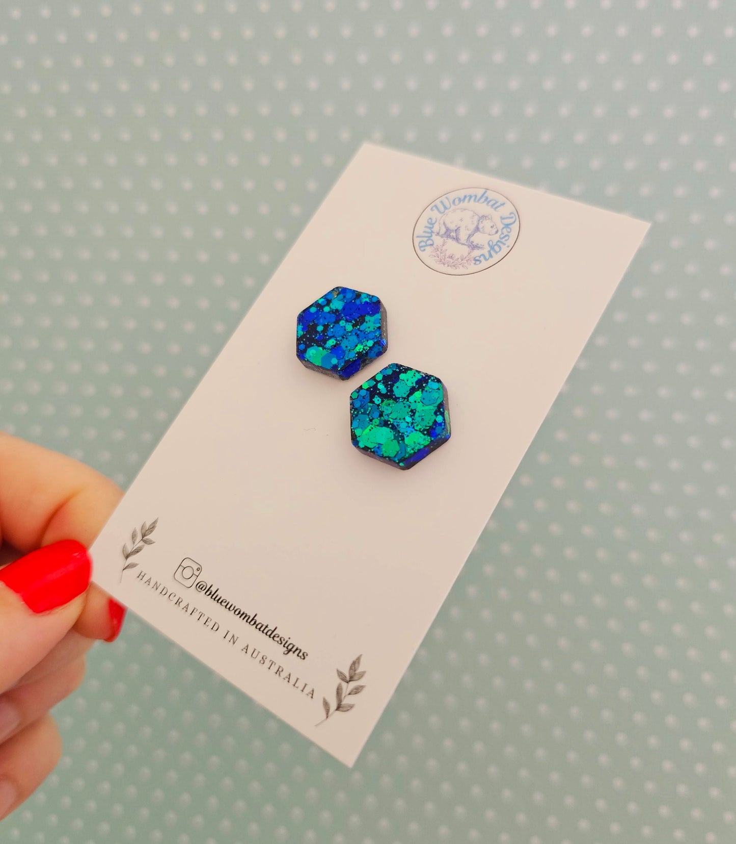 Hexagon Chameleon Blue Glitter Resin Handmade Studs 16mm