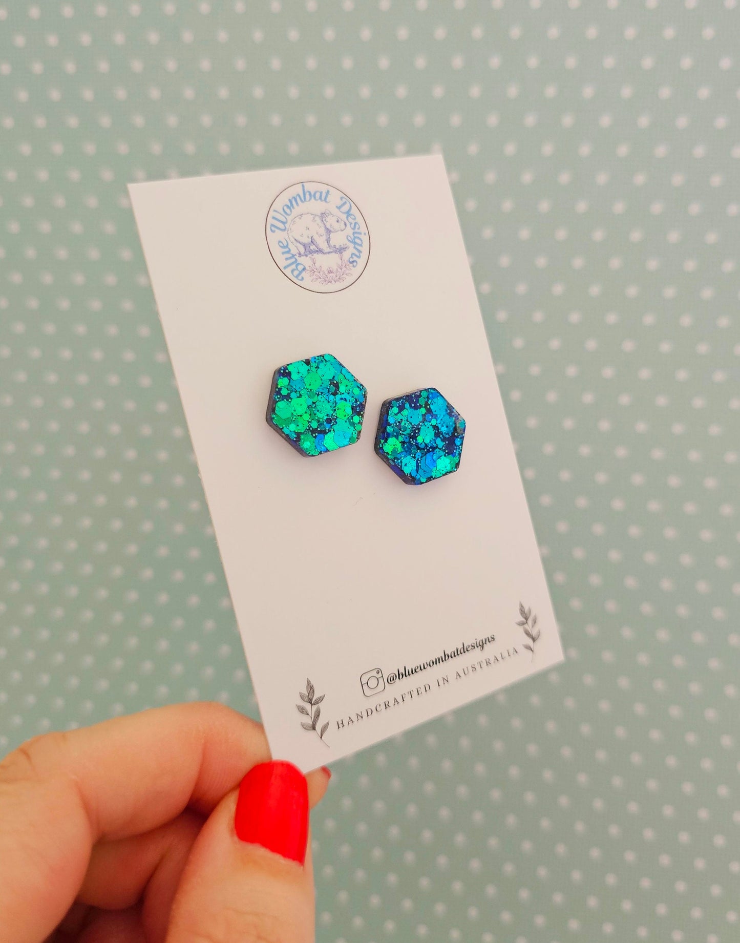 Hexagon Chameleon Blue Glitter Resin Handmade Studs 16mm