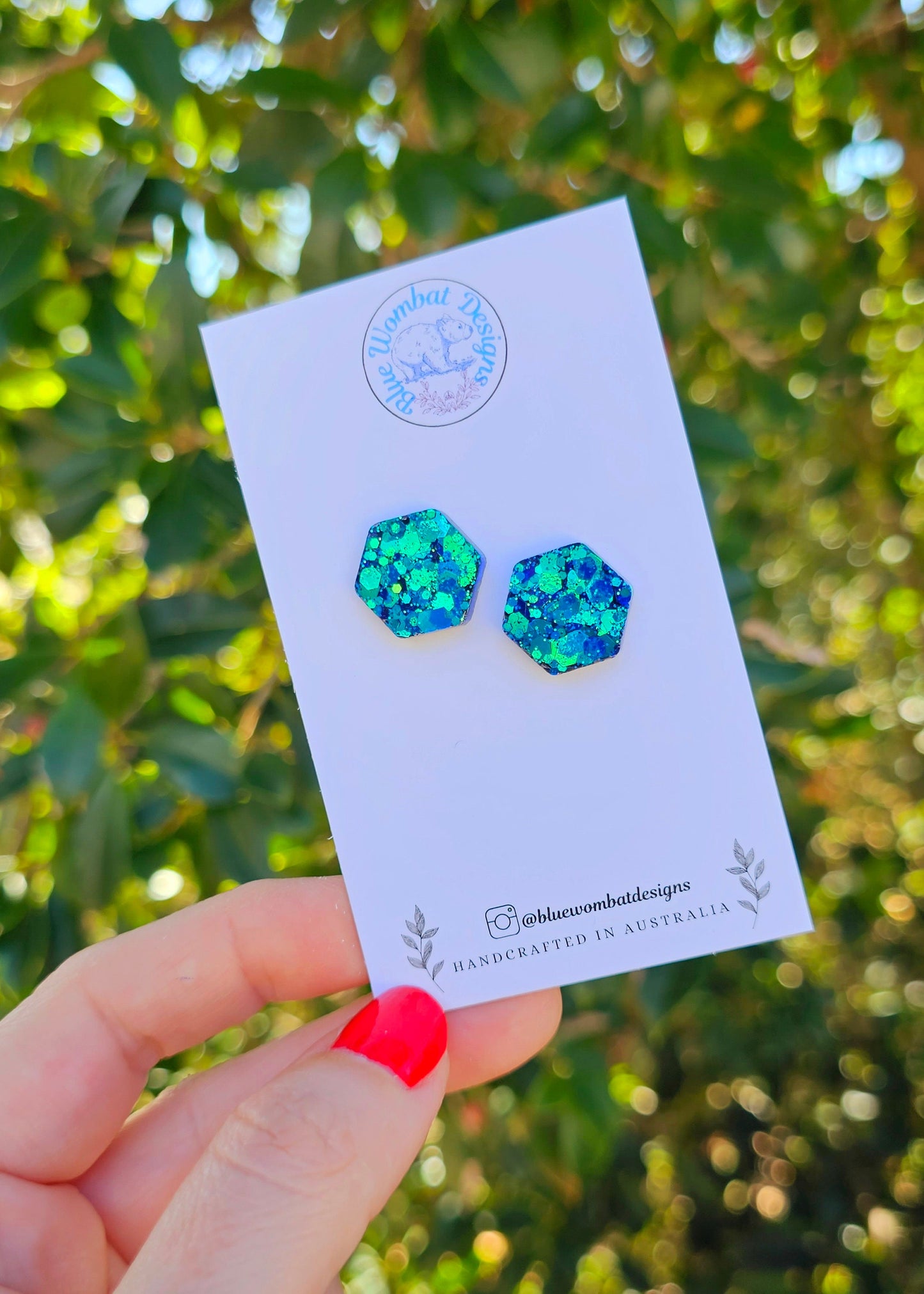 Hexagon Chameleon Blue Glitter Resin Handmade Studs 16mm