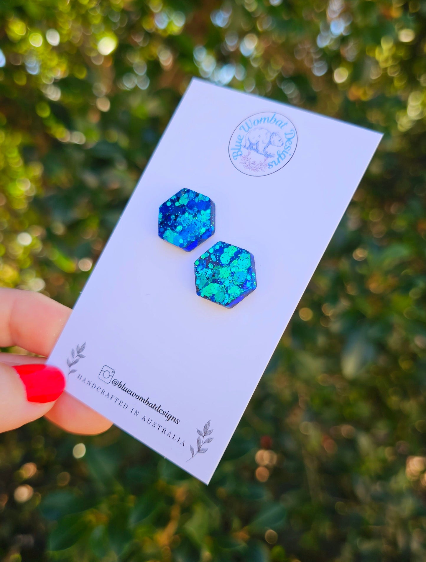 Hexagon Chameleon Blue Glitter Resin Handmade Studs 16mm