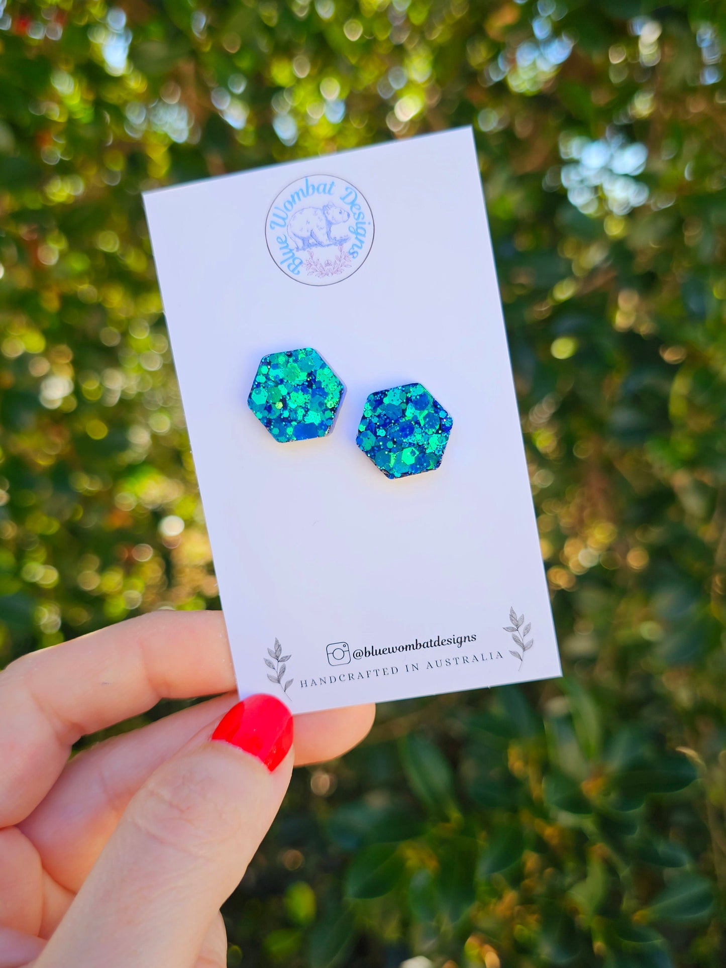 Hexagon Chameleon Blue Glitter Resin Handmade Studs 16mm