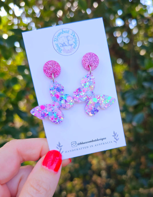 Butterfly Glitter Resin Statement Dangle Earrings