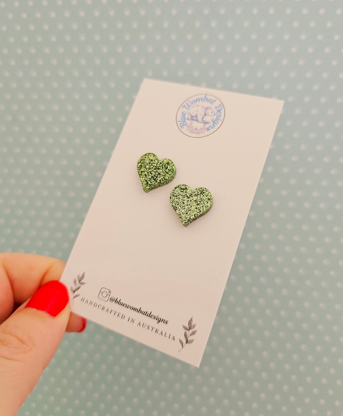 Green Glitter Love Heart Resin Stud Earrings, Handmade Green Gitter Heart Studs