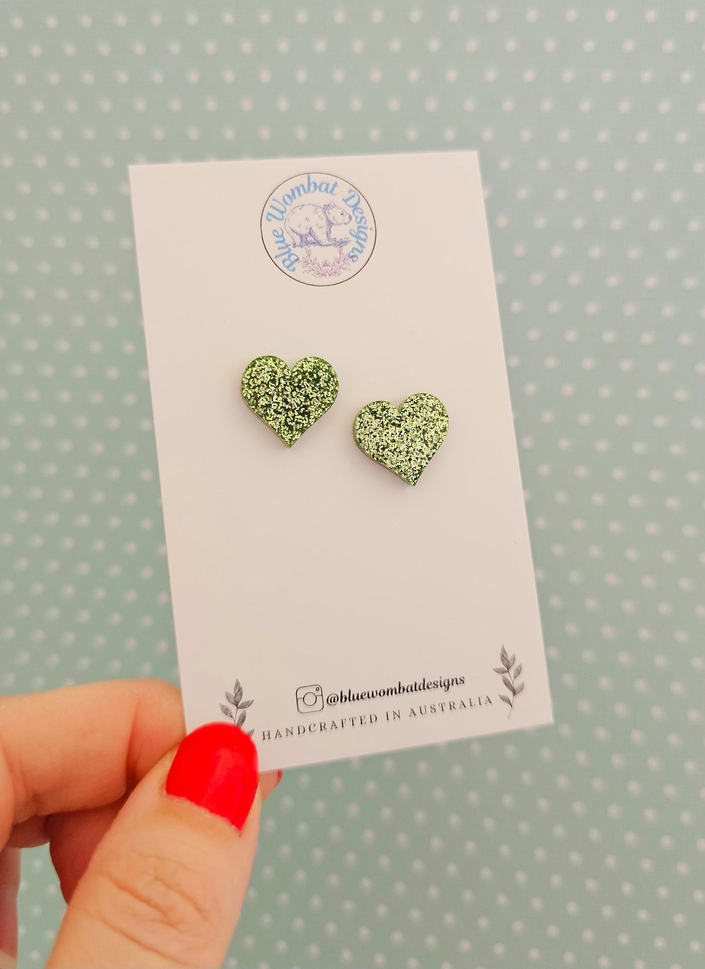 Green Glitter Love Heart Resin Stud Earrings, Handmade Green Gitter Heart Studs