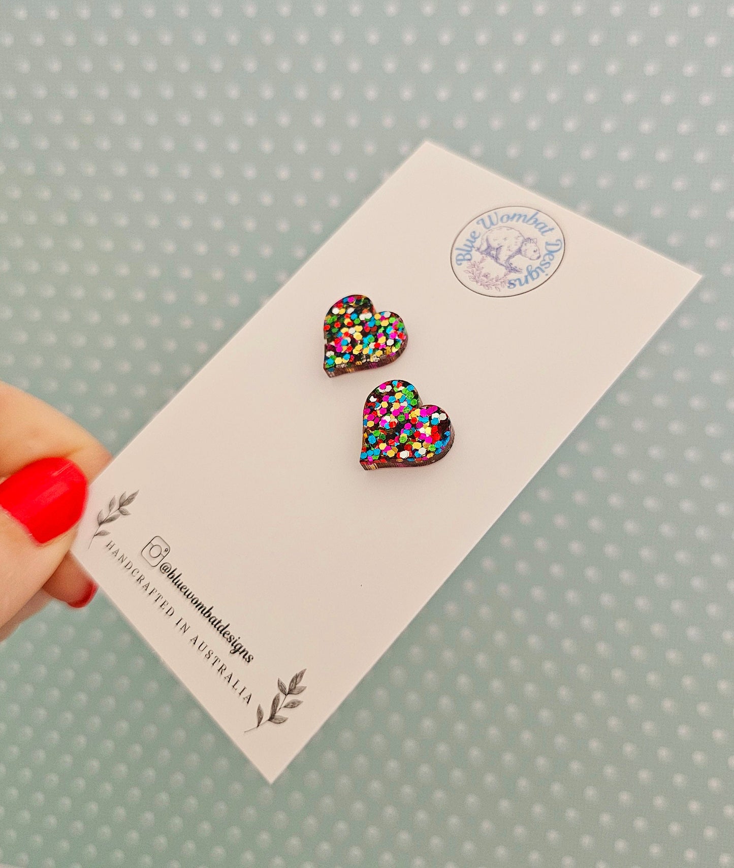 Rainbow Glitter Love Heart Stud Earrings 14mm