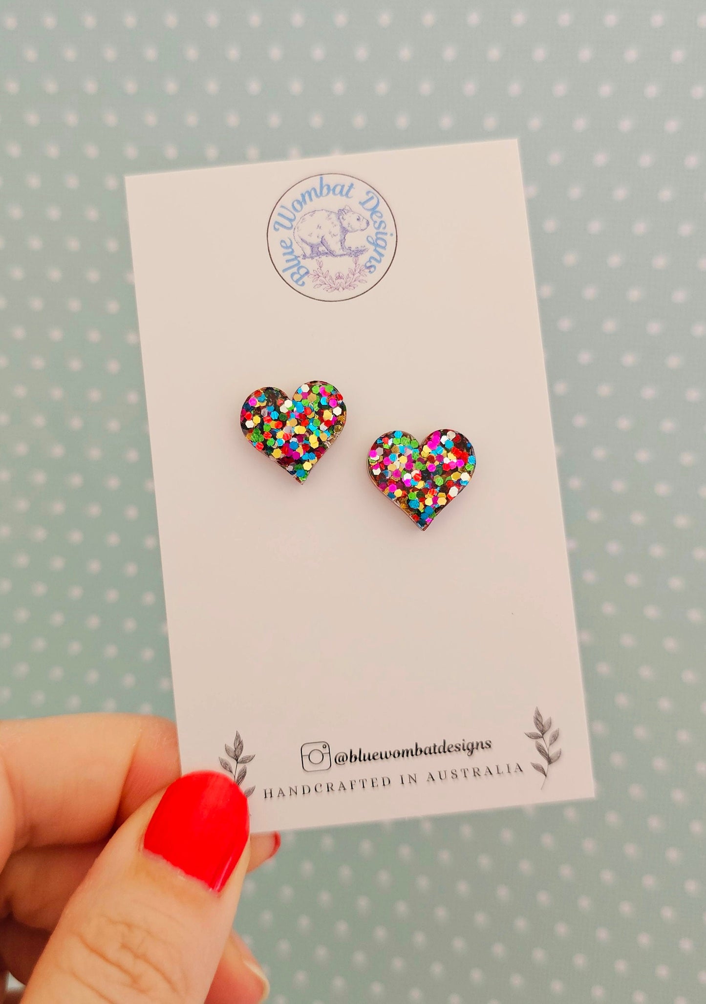 Rainbow Glitter Love Heart Stud Earrings 14mm