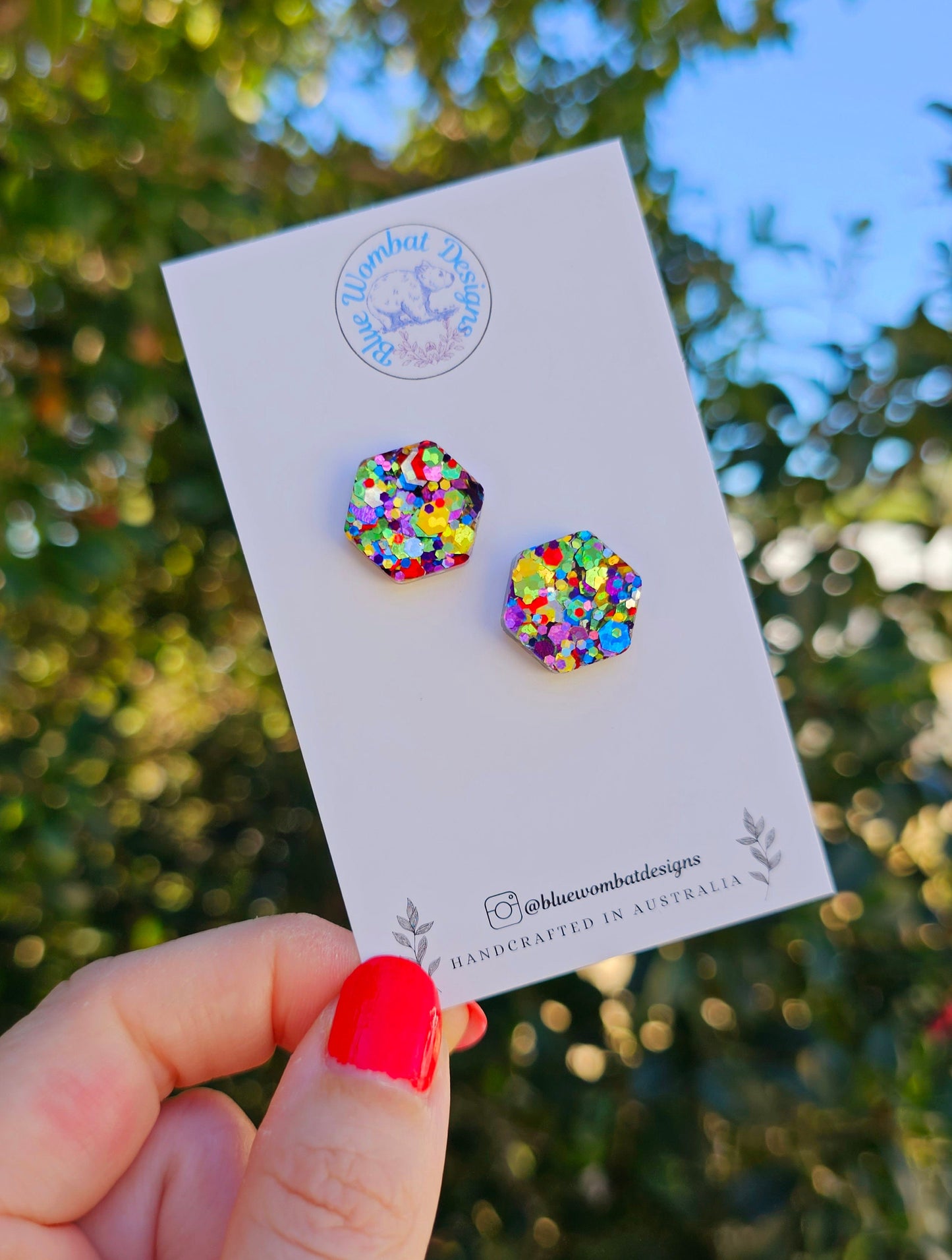 Rainbow Glitter Hexagon Resin Studs 16mm