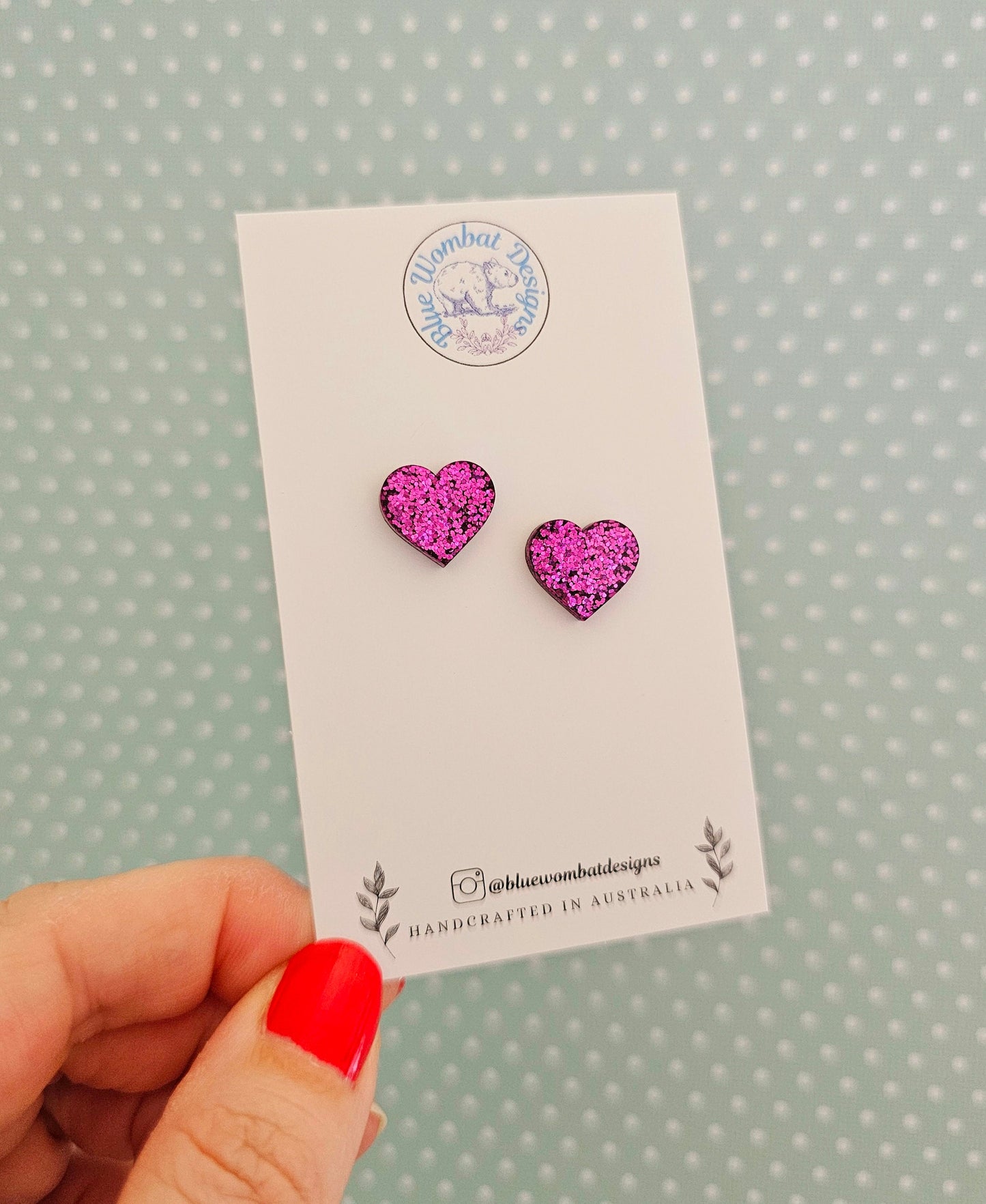 Pink Glitter Love Heart Resin Small Stud Earrings