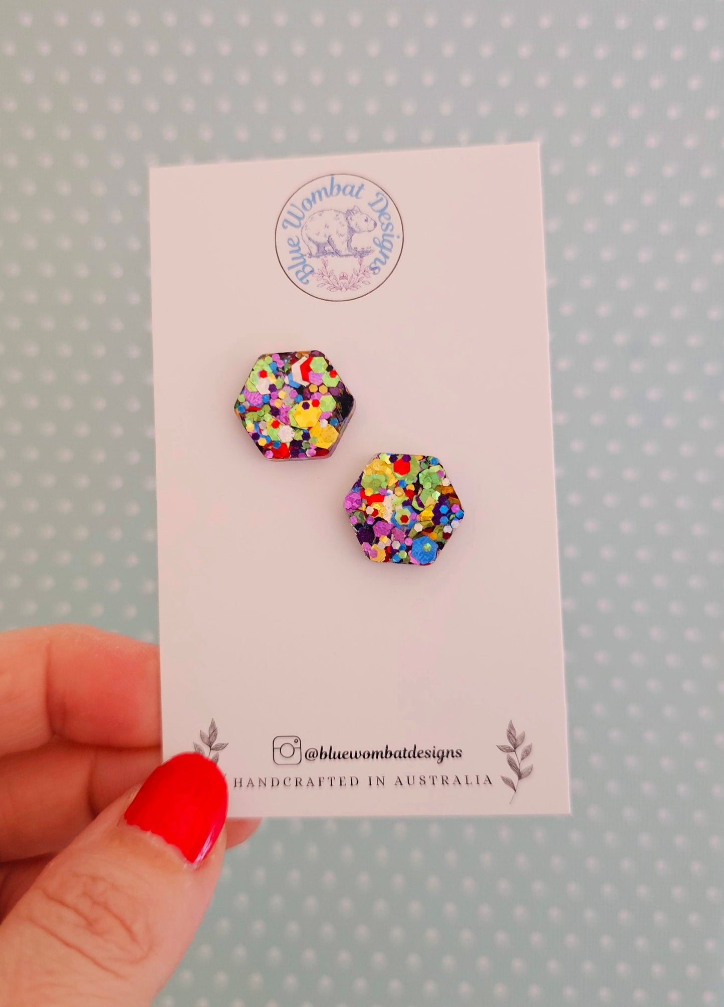 Rainbow Glitter Hexagon Resin Studs 16mm