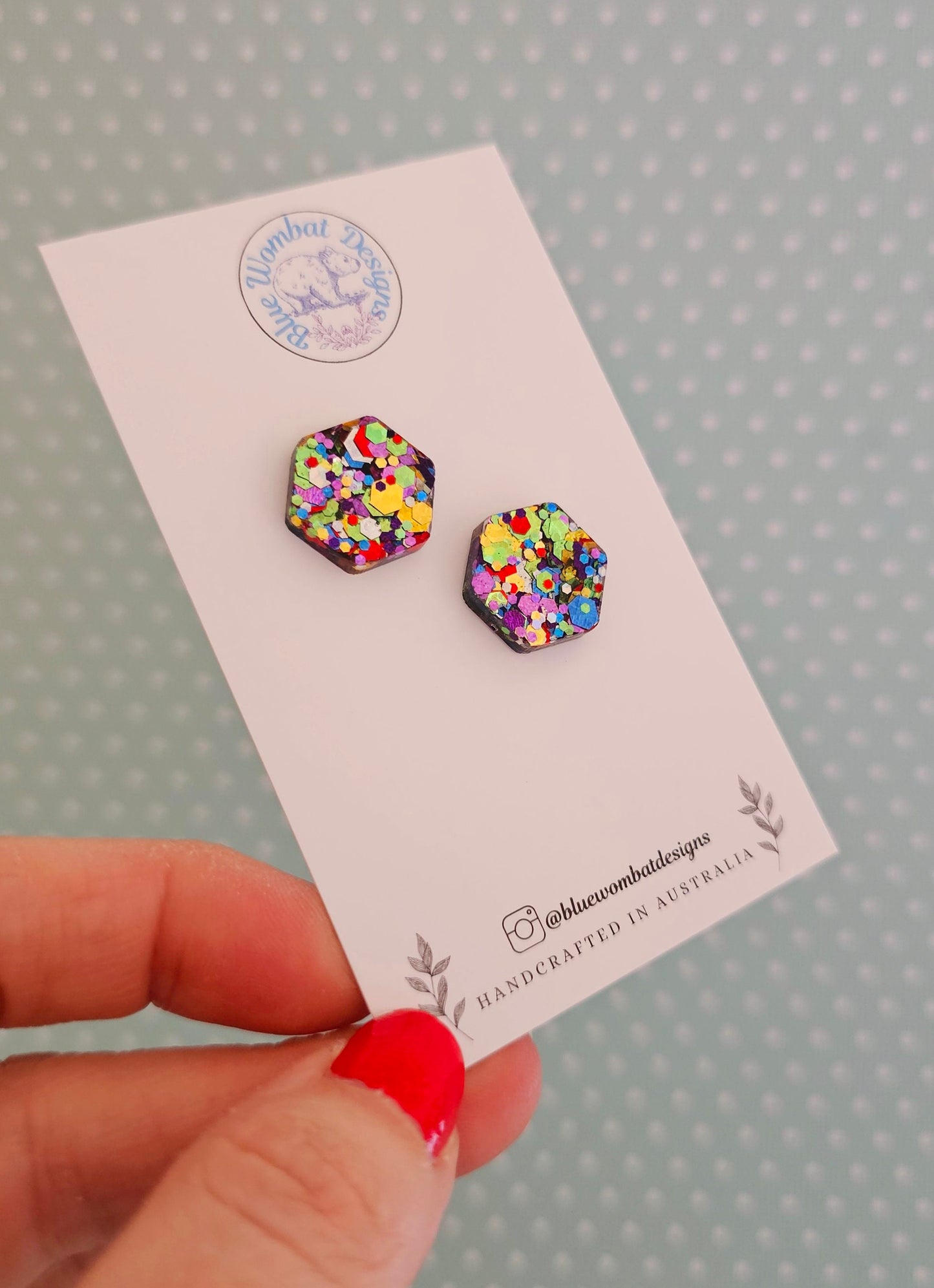 Rainbow Glitter Hexagon Resin Studs 16mm