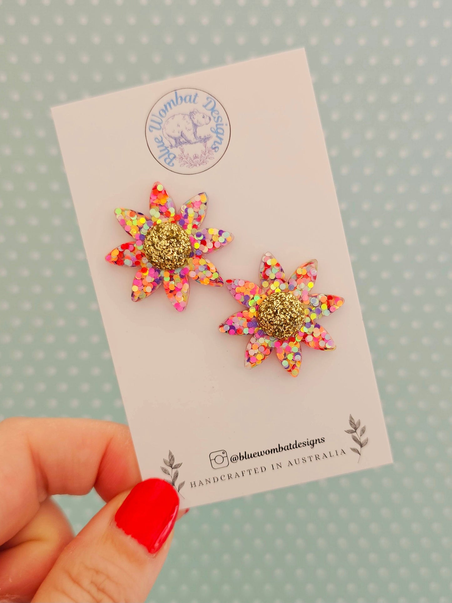 Colourful Glitter Flower Resin Stud Earrings 28mm