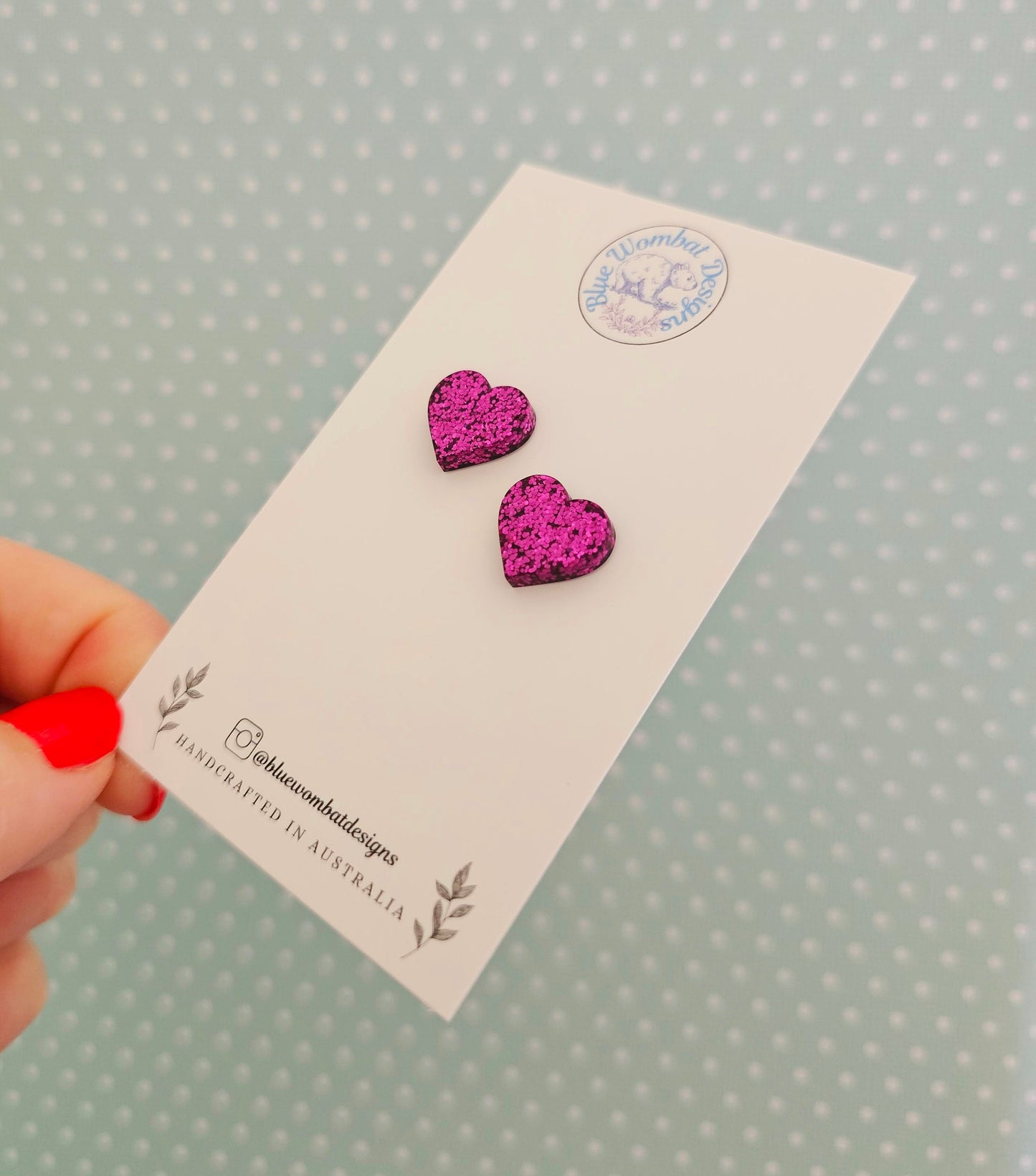 Pink Glitter Love Heart Resin Small Stud Earrings