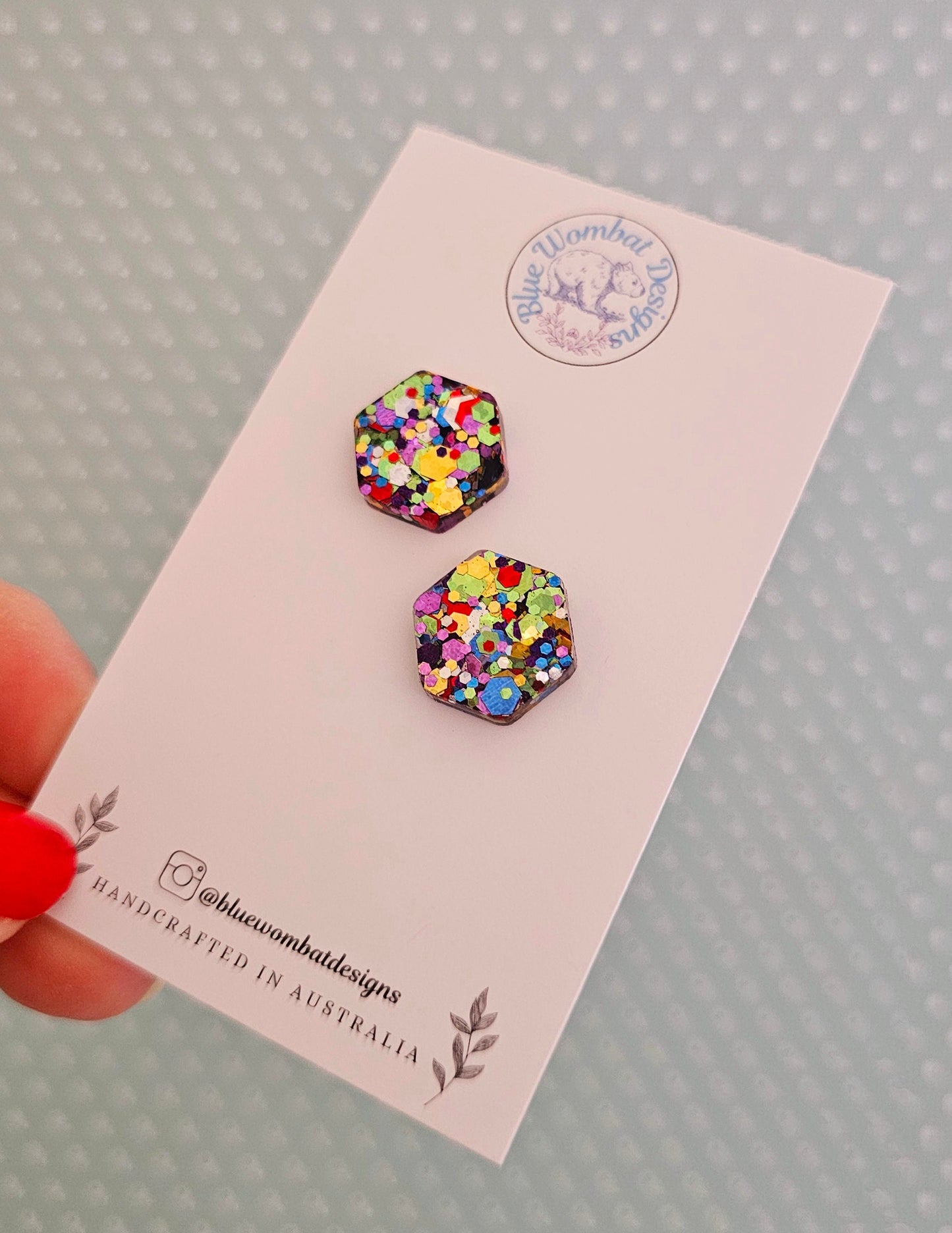 Rainbow Glitter Hexagon Resin Studs 16mm