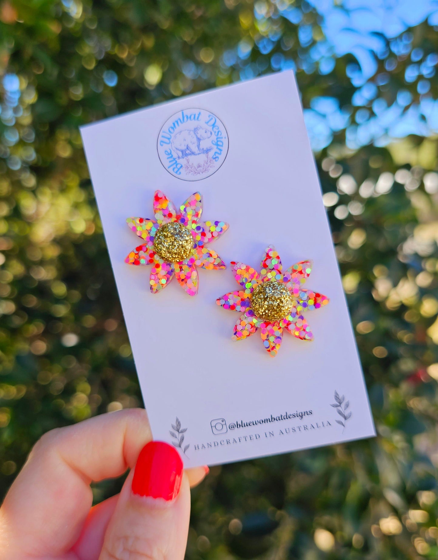 Colourful Glitter Flower Resin Stud Earrings 28mm