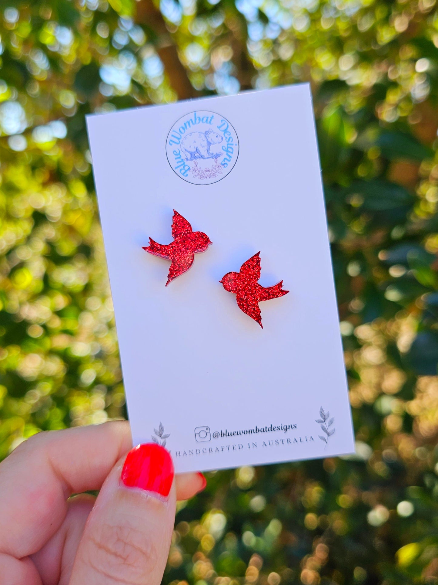 Red Glitter Bird Resin Stud Earrings