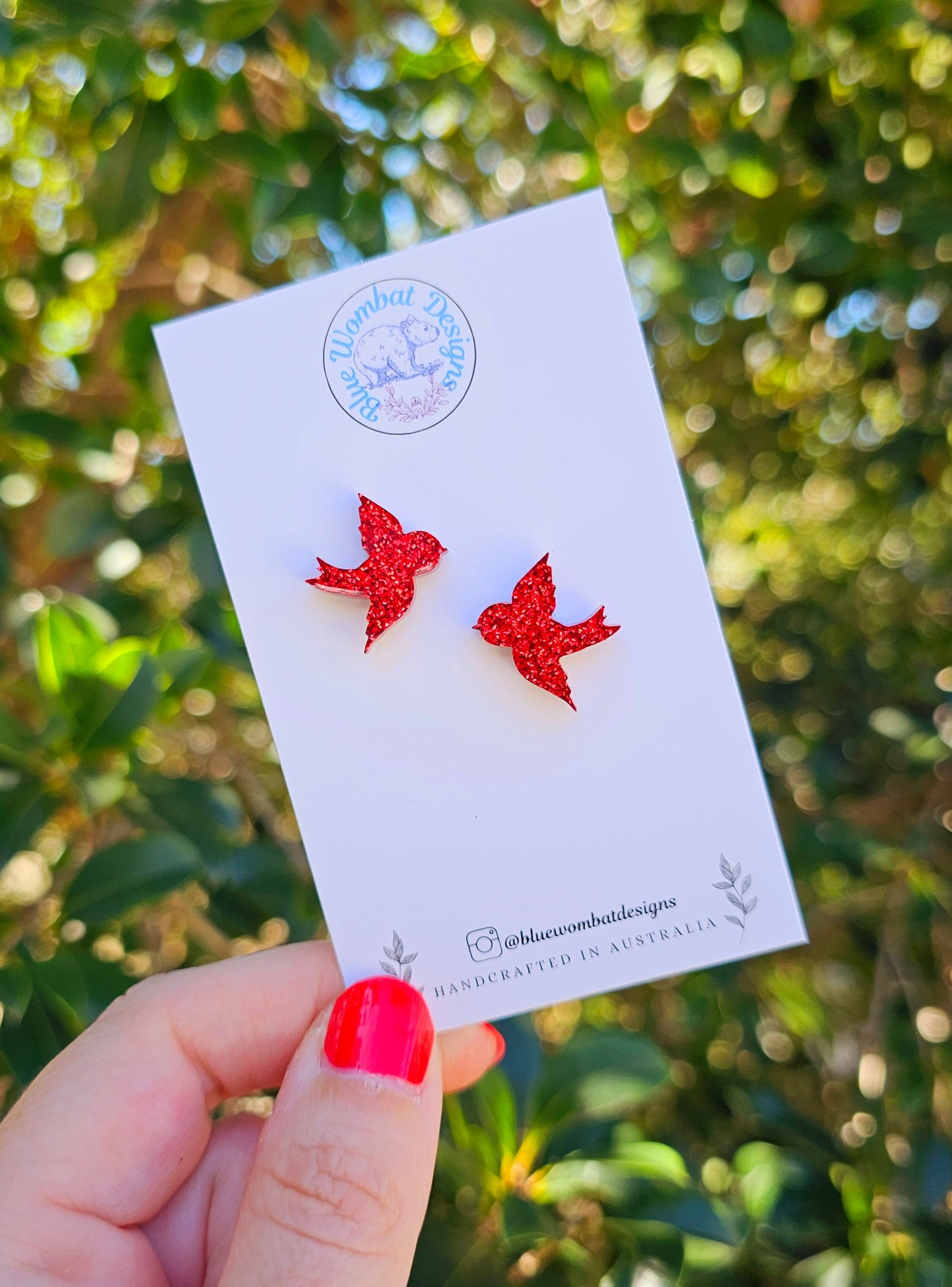 Red Glitter Bird Resin Stud Earrings